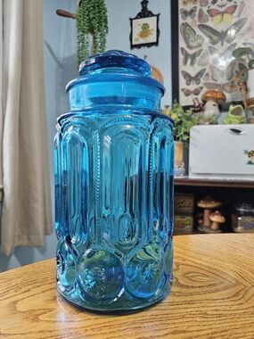 Vintage LE Smith Blue Moon & Stars Extra Large Canister Jar 60s 70s